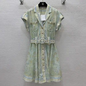 Fashion Retro High Quality Printed Bow Tie Lapel Waist Slim Canvas Sleeve Dress FZ038