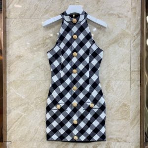 BALMAIN Best quality New unique screw pattern decorative buttons Sleeveless high sense of color collision plaid knit dress FZ237