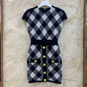 BALMAIN Best quality New diamond lattice design short temperament Slim thin knitted sleeveless dress FZ238
