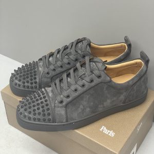 Christian Louboutin Loafers Men Gray Rivet Designer Shoes Women Leather Gray Velvet Front Studded SH030