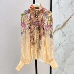 ZIMMERMANN Fall Best Quality Viscose Vacation Floral Print Embellished Shirt FZ065