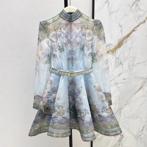 ZIMMERMANN Best quality New 55% linen +45% mulberry silk printed ageing girl dress FZ068