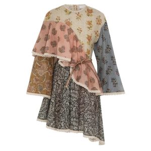 Zimmermann high quality Vacation style fashionable retro printed ruffle edge contrasting color splicing irregular loose flared sleeve dress Fz177