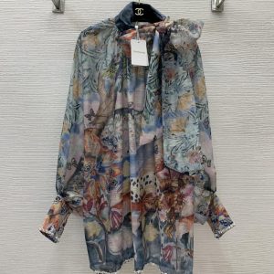 ZIMMERMANN high quality Customized ribbon collar bow tie high-end feel diamond studded bead edge loose and versatile batball sleeve long sleeved dress FZ054