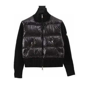 MONCLER Best Quality Early Fall New Black White Patchwork Wool Knit Sleeve Stand Collar Down Jacket Embroidery Embellishment FZ134