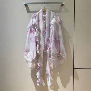 New best quality Pink Printed Pattern Ruffle Shirt Top FZ035