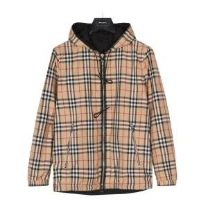 BURBERRY Best Quality Fall Winter New Reversible Classic Plaid War Horse Jacquard Hooded Zip Puffy Jacket Black+Yellow FZ165