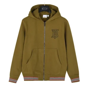 BURBERRY Best Quality TB Embroidered Stripe Fleece Zip Hooded Jacket 100% Cotton FZ168