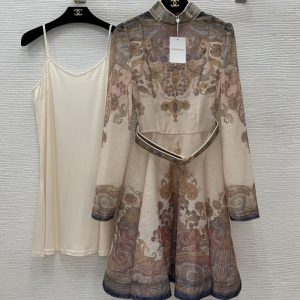 ZIMMERMANN high quality Fashionable retro printed waist cinching large hem deep standing collar long sleeved dress FZ075