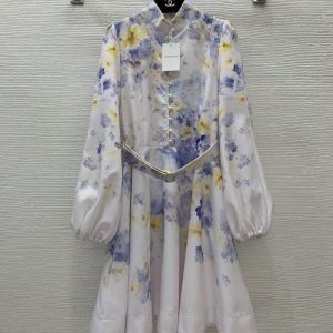 ZIMMERMANN best quality Stand up collar lantern sleeve waist cinching big swing dress FZ024