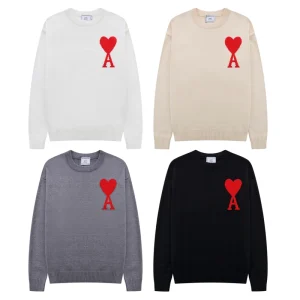 Alexandre Mattiussi Best Quality Red Heart Embroidered Wool Sweater Love Heart A Round Neck Oversize Design Black White Grey Almond FZ199