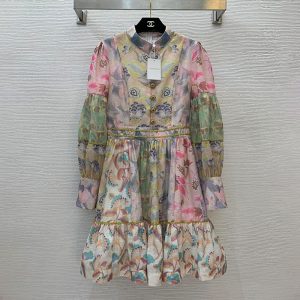 ZIMMERMANN High quality Diamonds colorful prints Gold thread woven twisted lace stand up collar waisted long sleeved dress FZ104