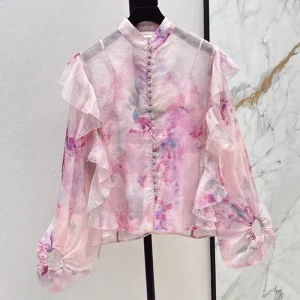 Early Fall New Best Quality Romantic Elegant Printed Pattern Ribbon Shirt FZ040