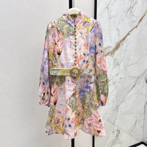ZIMMERMANN Best quality Early fall latest linen print pattern three-dimensional waist dress FZ111