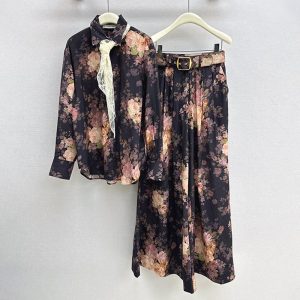 ZIMMERMANN Best Quality Spring Summer Latest Printed Pattern Printed Suit Loose Shirt + Belted Straight Pants FZ112