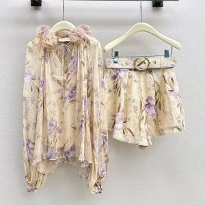 ZIMMERMANN BEST QUALITY Early Fall Vacation Floral Set Floral Embellished Shirt + High Waisted Shorts FZ113