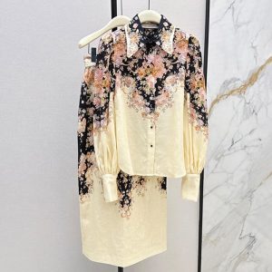 ZIMMERMANN High quality Early fall new vacation department floral suit Printed decoration shirt + high waist half skirt FZ109