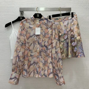 high quality printed pattern two piece suit long-sleeved shirt three dimensional petal thin skirt bustier FZ037