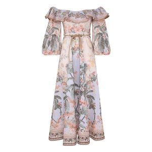 Zimmermann High Quality Vacation Style Coconut Tree Print Ruffle Edge Splicing One Shoulder Waist Slimming Dress Fz176