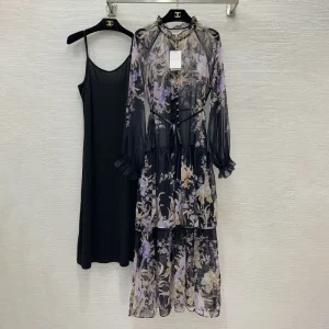 ZIMMERMANN High Quality Silk Blend Floating Purple Printed Buttoned Dress Pure Color Camisole Bottom Skirt Two Pieces Set FZ064