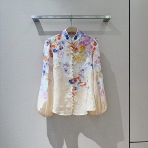 ZIMMERMANN Best quality ramie fabric summer spring new pink and multicolor floral printed pearl button blouse Scarf Belt waist short 2-pieces set for women FZ008