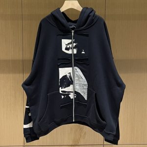 BALENCIAGA Best Quality Illustration Old Patchwork Patchwork Short Wide Drop Shoulder Zipper Sweatshirt Hoodie FZ249