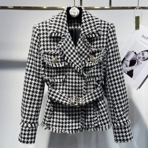 BALMAIN best quality thousand bird check retro heavy fringe belt jacket FZ234