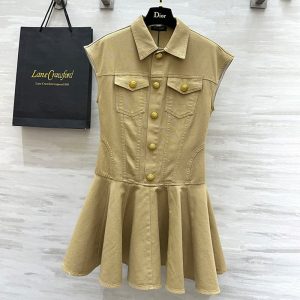 BALMAIN Best Quality khaki waisted denim dress retro metal buckle decoration waist pleated ruffle hem design FZ215