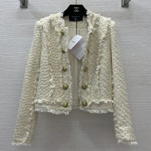 BALMAIN Best Quality New Customized bronze lion head double breasted button decorative tassel edge woven round neck short tweed jacket FZ228