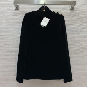 BALMAIN Best Quality Classic Threaded Lion Head Button Shoulder Badge Embellishment Versatile High Neck Long Sleeve Velvet Top FZ214