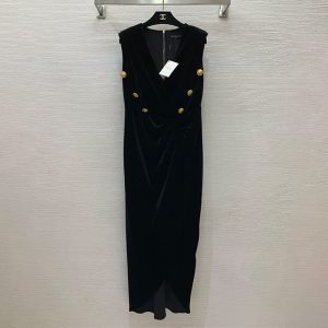 BALMAIN best quality Customized threaded lion head double-breasted button embellishment Sleeveless deep V-neck design Cocktail dress velvet dress FZ213