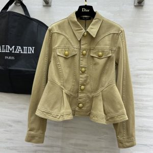 BALMAIN Best Quality fall and winter new khaki waisted denim jacket retro metal buckle decoration waist pleated ruffle hem design FZ222