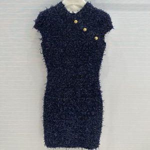 BALMAIN Best Quality Early Autumn New Asia limited treasure blue silk knit dress gold buttons delicate point embellished styling FZ220