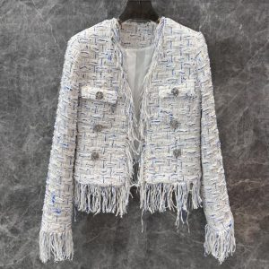 BALMAIN Best Quality Early fall new v-neck French fringe tweed jacket with customized hardware buttons FZ218
