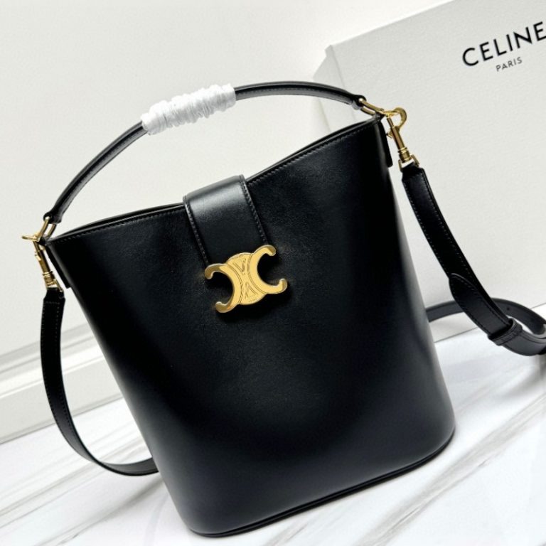CELINE High Quality Bucket Bag Long Shoulder Strap Handbag Crossbody Bag Metal Logo Black Brown 28x24x16cm LB109 (2)