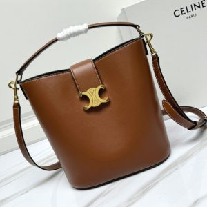 CELINE High Quality Bucket Bag Long Shoulder Strap Handbag Crossbody Bag Metal Logo Black Brown 28x24x16cm LB109