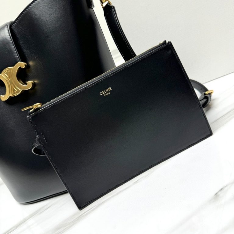 CELINE High Quality Bucket Bag Long Shoulder Strap Handbag Crossbody Bag Metal Logo Black Brown 28x24x16cm LB109 (5)