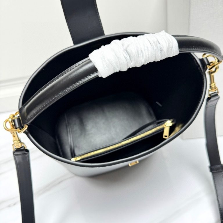 CELINE High Quality Bucket Bag Long Shoulder Strap Handbag Crossbody Bag Metal Logo Black Brown 28x24x16cm LB109 (6)