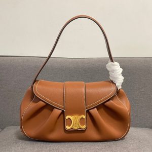 CELINE High Quality Polly Baguette Bag Cowhide Sheepskin Lining Flap Soft Pleated Handbag Shoulder Bag 33x19x9cm LB115