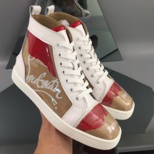 Christian Louboutin Top quality Red and khaki contrast letter printed patent leather flat sneakers SH126