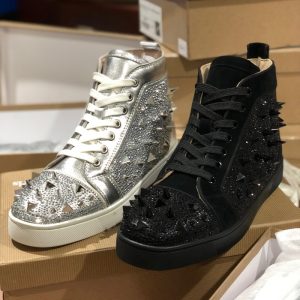 Christian Louboutin Top quality silver black Sparkling Diamond Spikes flat sneaker SH125
