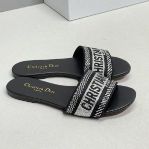 Dior High Quality Dway Black Embroidered Cotton Sandals Black Silver Diamond Gold Butterfly Flat 35-43 SH017