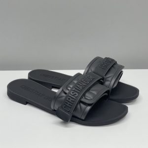 Dior High Quality Dway Pure Black Buckle Letter Velcro Ribbed Flat Slippers 35-43 SH018