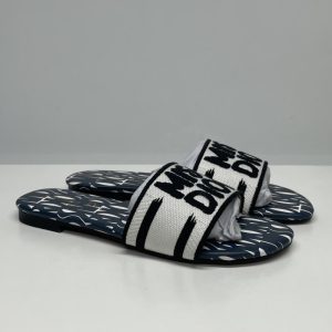 Dior High Quality Dway cotton slides with embroidered dark blue Miss Dior Allover pattern Flat Slippers 35-43 SH019