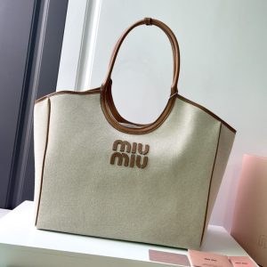 MiuiMiui Beige Canvas Matching Color Tote Large Capacity Letters Embroidery Pattern 3 Sizes Available LB223