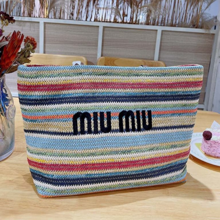 MiuiMiui Letters Printed Color Stripe Straw Bag-1