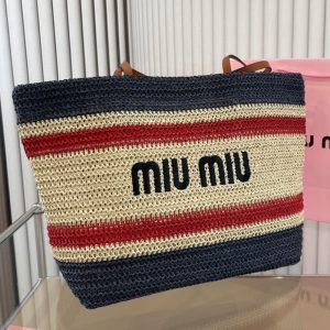 MiuiMiui Alphabet Printed Colorful Striped Straw Bag Large Capacity Composite Shopping Bag 34*31CM LB232