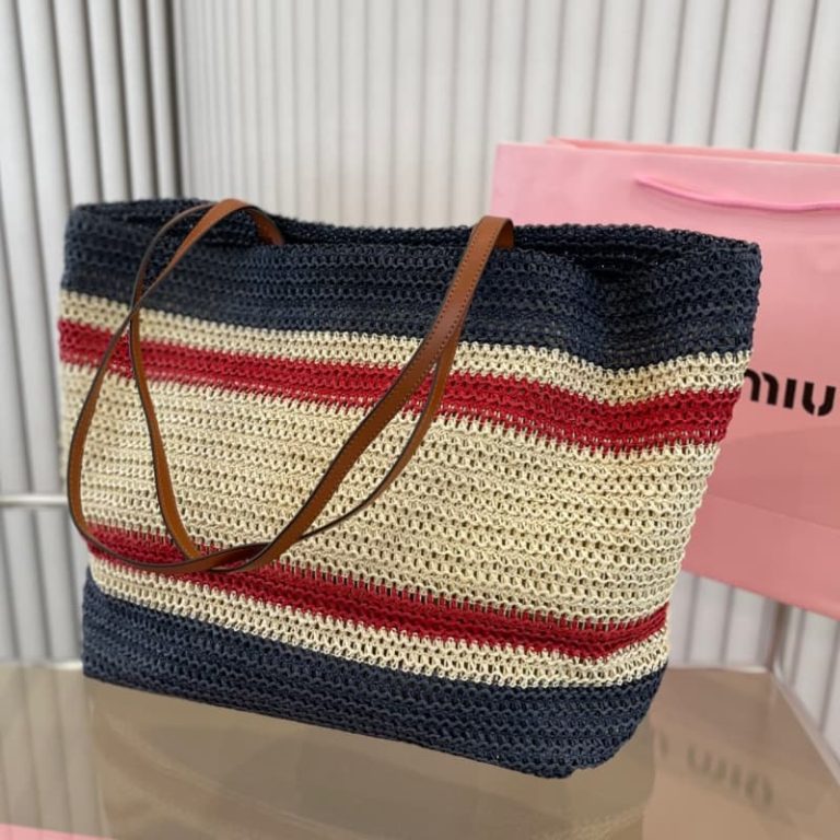 MiuiMiui Letters Printed Color Stripe Straw Bag-2