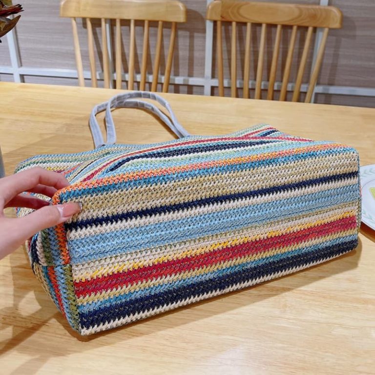 MiuiMiui Letters Printed Color Stripe Straw Bag-3
