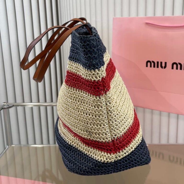 MiuiMiui Letters Printed Color Stripe Straw Bag-3